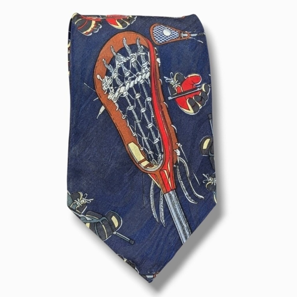 Mens Lacrosse Tie LAX Stick Glove Silk Necktie Sports Tie Navy Blue - Picture 2 of 7